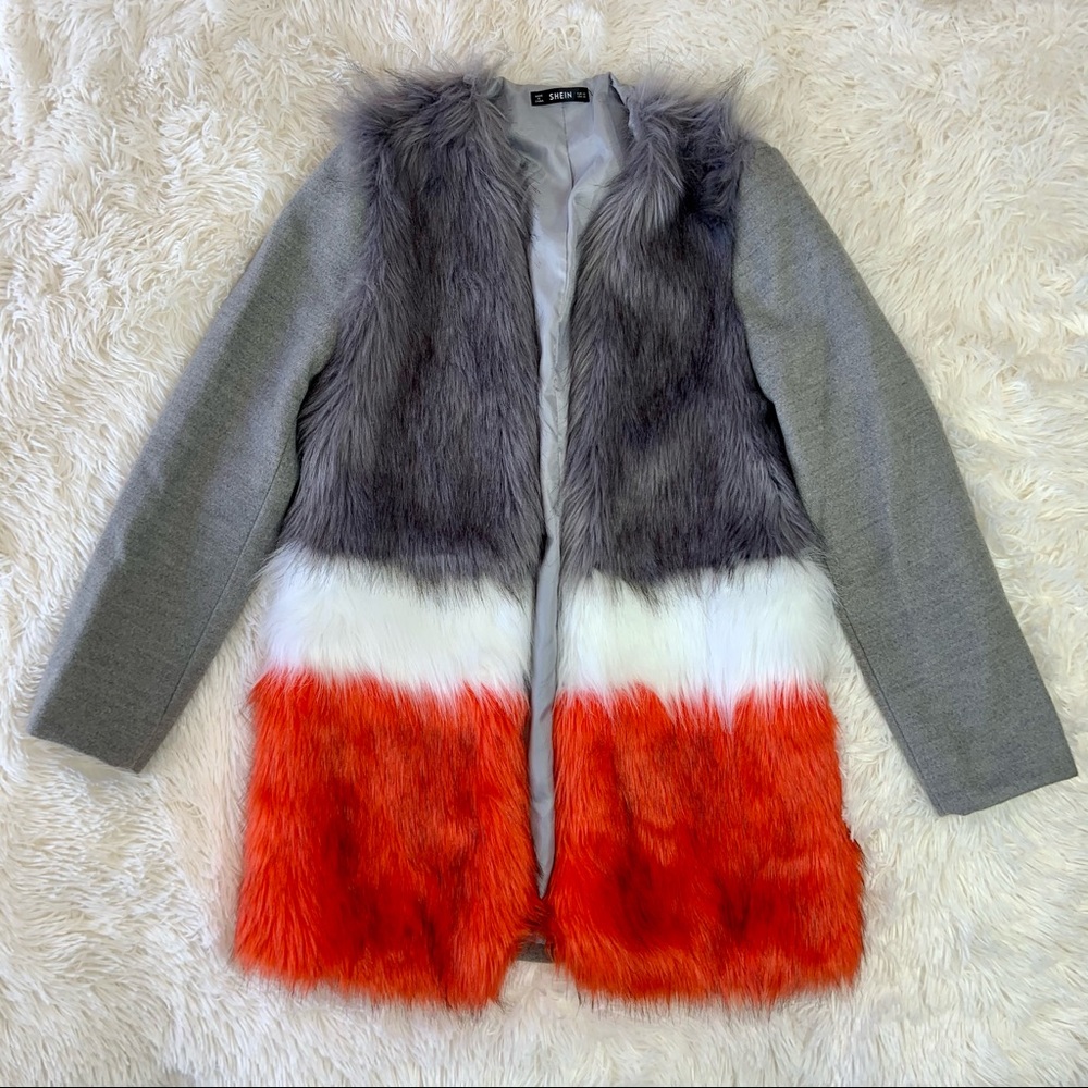 Burnt Orange, White, and Grey Fur Coat